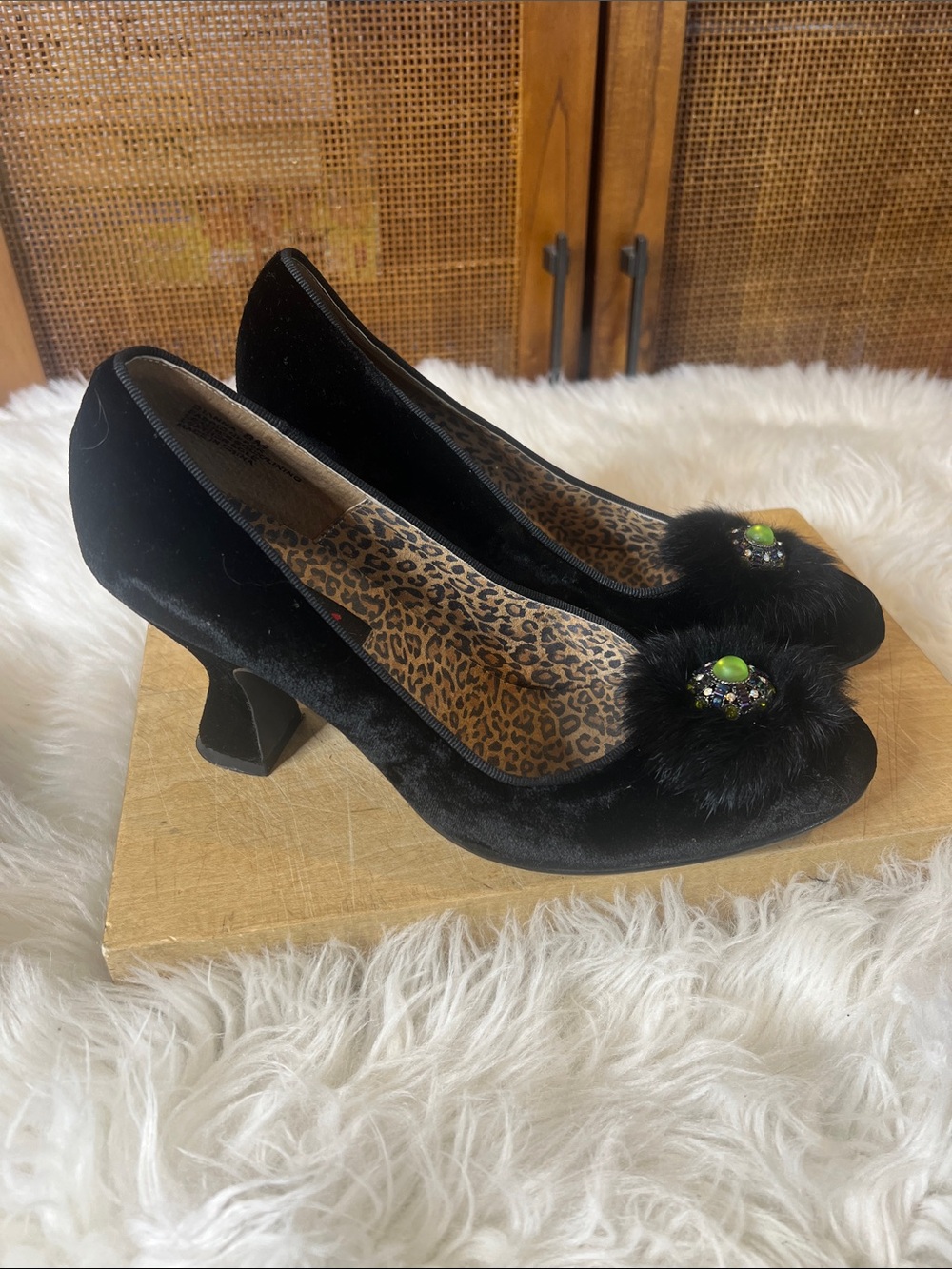 Baci Dianna Vintage Style Black Velvet Pom-Pom Dress Pumps with Jewel Accent